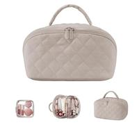 Petition Makeup Bag, Lay Flat Makeup Bag for Women, 180° Open Cosmetic, Large Capacity Pouch Open Flat Small Toiletry Bags with Brush Compartment & Handle (Khaki)