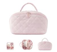 Petition Makeup Bag - Petition Leather Makeup Bag for Woman, 6 Colors, Open Flat Toiletry Bags with Divider and Handle, Waterproof Large Capacity (Pink)