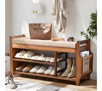 PETKABOO Banco de zapatos con cajón oculto y soporte lateral, banco de entrada de 2 niveles con almacenamiento de 39.4 pulgadas, zapatero de bambú con cojín para entrada, pasillo, sala de estar,