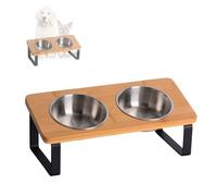 PETLINUS Comedero Gato Elevado e Inclinado 15º Doble - Comedero Elevado Gato o Perros pequeños, Comedero Perro Elevado con Base de bambú y Dos Cuencos de Acero INOX, Capacidad: 2x320ml. (Bambú-INOX)