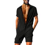 Peto ajustado para hombre, overol casual con mangas cortas para hombre, overol de color sólido, overol casual con bolsillo con cremallera, overol de verano de talla grande, overol de moda para hombre,