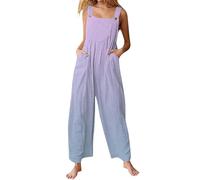 Peto de lino para mujer - Mono sin mangas, mono suelto, una pieza, transpirable, monocolor, con cuello en U, traje de pantalón de color sólido, mameluco de playa, con bolsillos, azul oscuro, XL