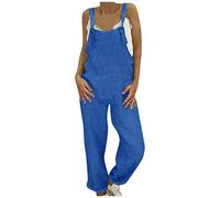 Peto largo de verano para mujer, mono ancho de un solo color, mono de verano holgado con tirantes, sin mangas, ligero, boho de lino, oversize romper con tirantes ajustables, azul oscuro, S