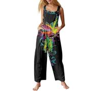 Peto para mujer con tirantes ajustables, mono estampado festivo, suelto, holgado, mono largo, vintage, disfraz de carnaval, disfraz de carnaval, pierna ancha, traje de talle alto, A negro., S
