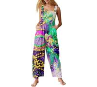 Peto para mujer, estampado festivo, con tirantes ajustables, mono suelto y holgado, mono largo vintage, disfraz de carnaval, disfraz de carnaval, pierna ancha, mono de cintura alta, O Verde, S