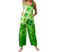 Peto para mujer St Patricks Day Kostüm Jumpsuit Damen Elegant Kleeblatt Druck Spaghetti mit Taschen leicht Baggy Overalls Casual Lockere Romper Breite Bein Strampler Fashion Peto Hose Hosenanzug