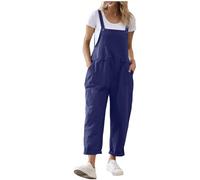 Peto para mujer suelto casual sin mangas de lino y algodón, holgado de verano ajustable, largo de mono de harén, azul oscuro, M