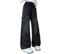 Peto Vaquero niña,Girls Wide Leg Jeans Middle and Large Children with Patch Five Pointed Star Wide Leg Straight Pants Trendy and Cool Loose Casual Trousers (Black, 5-6 Years)
