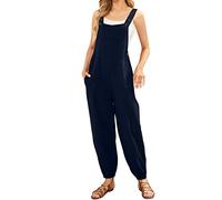 Petos para mujer, de verano, holgados, de algodón, lino, elásticos, ligeros, para verano, para trabajo, de cintura alta, pantalones de pierna ancha, azul oscuro, XXL