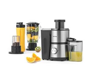 Petra PT4294VDEEU7 Batidora de Zumo, 4 en 1, Licuadora Eléctrica, Robot de Cocina, Jarra de 1 l y Botella Incluida, 2 Velocidades, Zumos y Batidos Saludables/Proteínas, Sin BPA, 400 W