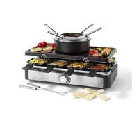 Petra PT4513VDE Plancha eléctrica tipo raclette y fondue 2 en 1 - olla de 1,3 l, 1400 W, control de temperatura ajustable, 6 tenedores, 8 parrillas antiadherentes y 8 espátulas de madera