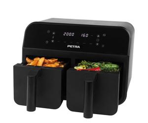 Petra PT4750BLKDE Freidora de Aire con Doble Cesta 7,4L, Pantalla LED digital, 6 Programas para cocinar, Cestas antiadherente, Doble Compartimento con 2 bandejas XL, 2400W