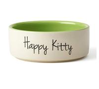 PetRageous 17008 Happy Kitty - Cuenco de cerámica Apto para lavavajillas, 2 Tazas, 5 Pulgadas de diámetro, 2 Pulgadas de Alto, 16 onzas, Color Blanco Roto