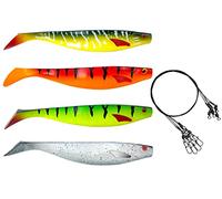 PetrisCatch - Juego de 4 cebos blandos de goma, 15 cm, activos UV, mezcla de colores para aguas turbias y claras, 4 anzuelos de acero, para lucio, lucioperca, perca y siluro