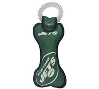Pets First NFL New York Jets Football Dental Tough Dog TUG Bone Toy con chirriador integrado unido a un cepillo de dientes de goma seguro PET juguete, color del equipo, (OAK-3310), 14 x 5 pulgadas