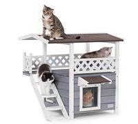 Petsfit Casa para gatos para exteriores, resistente al invierno, de madera maciza, para exteriores, con puerta de escape y asfalto, techo de madera, con terraza y escalera, con instrucciones y