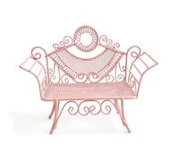 PETSOLA Asiento Mini Exterior Banco Miniatura Silla Doble Metal Hierro Acabado Ornamental con Volutas y Asiento Trenzado Adecuado para Patios Balcones Arreglos de Paisajes Creativos, Rosa