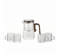 PETSOLA Juego Tetera y Tazas Vidrio Separación Magnética Tetera con Cámara para Infusión Mango Efecto Madera Vajilla, Transparente, Transparente, 800ML