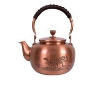 PETSOLA Tetera con Cobre Asa Entrelazada Puro Tetera Cobre Grabado Artesanal Hervidor para Coleccionistas, Ligero Lujo Retro Con Grabado De Loto Y Caracteres Chinos De "Armonía Y Prosperidad" 和谐家园
