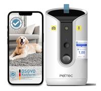 PetTec® Cámara para mascotas de 360° y dispensador automático de comida con expulsión de golosinas - a través de aplicación y multibotón - Detección de campanas - Función de visión nocturna de 3 MP
