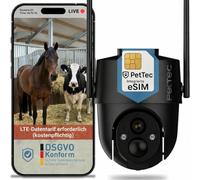 PetTec PetCam Free'n 360 4G LTE Cámara sin WiFi [tarifa LTE] - Batería para exteriores para establo, caballo, pastoreo y camping, orientable 360°, visión nocturna, detección de movimiento, IP65