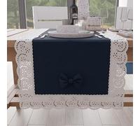 PETTI ARTIGIANI ITALIANI - Camino de Mesa Rectangular de Tela con Encaje de Saint-Gall, Mantel de Algodon 40x140 cm, Azul Noche, Accesorios de Cocina 100%
