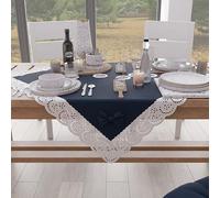 PETTI ARTIGIANI ITALIANI - Centro de Mesa de Tela con Encaje de Saint-Gall, Camino de Mesa Cuadrado de Algodon 95x95 cm, Azul Noche, Accesorios de Cocina 100%