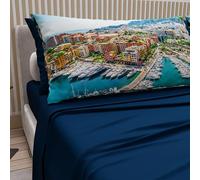 PETTI ARTIGIANI ITALIANI - Juego de Sabanas de Algodon para Cama de Una Plaza y Media con Fundas de Almohada y Sábana Bajera 120x200, Diseño Monaco Azul Noche, 100% Fabricado en Italia