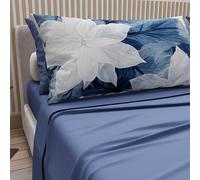 PETTI ARTIGIANI ITALIANI - Juego de Sabanas de Algodon para Cama Doble con Fundas de Almohada y Sábana Bajera 160x200, Diseño Floral 108 Índigo, 100% Fabricado en Italia