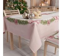 PETTI ARTIGIANI ITALIANI - Mantel Navideño Antimanchas para Mesa, 100%, Lazo Rosa Plumas, X4 Asientos (140x140 cm)