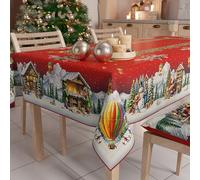 PETTI ARTIGIANI ITALIANI - Mantel Navideño Antimanchas Rectangular para Cocina, Diseño de Pueblo de Papá Noel, 140x300 cm, 100%