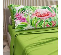 PETTI ARTIGIANI ITALIANI - Sábanas de algodón con Fundas de Almohada de Estampado Digital, tamaño Queen francés, j y sábana Bajera con Accesorios, flamencos Verdes, 100%