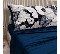 PETTI ARTIGIANI ITALIANI - Sábanas de algodón con Fundas de Almohada de Estampado Digital, tamaño Queen francés, j y sábana Bajera con Accesorios, Mariposa 03 Azul Medianoche, 100%