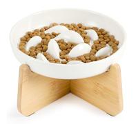 PETTOM Comedero Lento de Cerámica para Gatos con Soporte de Bambú Elevado - Cuenco para Gato y Perros pequeños con Sistema Antivoracidad, Plato de Gatos para Ralentizar Comida (Bol Blanco con pie)