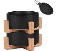 Petygooing Cuenco de cerámica Negra para Perros y Gatos con Soporte para comedero de Alimentos y Agua, Moderno y Bonito Juego de Cuencos Pesados para Gatos y Perros de tamaño pequeño, 13.5 onzas (5.1