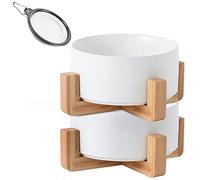 Petygooing Juego de cuencos de cerámica blanca para perros con soporte, cuencos pequeños para perros, cuenco de comida y agua para gatos, juego de 2 cuencos antideslizantes para perros y gatos