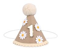 PEUTIER Sombrero Primer Cumpleaños, Sombrero Fiesta Cumpleaños Bohemio con Decoración Flores Margarita Correa Ajustable Sombrero de Cono de Feliz Cumpleaños para Accesorios Fotos Primer Cumpleaños