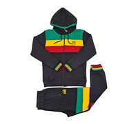 Peviani Time Is Money Rasta - Chándal para hombre, conjunto de sudadera con capucha y pantalones deportivos con cremallera completa, rayas rojas, amarillas, verdes, mezcla de algodón, estilo urbano