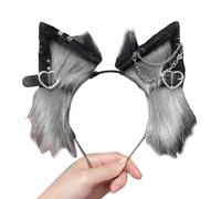 PEVive Diadema de felpa con orejas de lobo con aretes de aleación, diadema de felpa para reuniones temáticas de An1me, Navidad para niñas