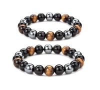 Pevlkawr Pulsera Triple Proteccion Piedras Protectoras 2 Piezas Pulsera Ojo De Tigre Ojo De Tigre Hematita Y Obsidiana Pulsera Elástica De Bolas 8mm 10mm Para Pulsera Unisex