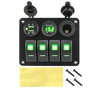 Pexorin Panel de interruptor basculante de aluminio, voltímetro digital, disyuntor, puerto USB doble, 4 entradas, for coche, caravana, autocaravana, barco Panel de interruptores marinos(Green)