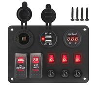 Pexorin Puertos USB duales con protector de sobrecarga, for auto, marino, RV, disyuntor, voltímetro digital, panel de interruptor basculante 2+3 Panel de interruptores marinos(Rot)