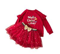 Peybaiwy Bebé Niña Traje de Navidad Niña Pequeña Manga Larga Sudadera Lazo Encaje Tutú Falda Conjunto Infantil Vestido de Navidad Ropa (FR/ES, Edad, 1 año, 2 años, Regular, Rojo)
