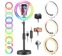 PEYOU Aro de Luz con Tripode, RGB Ring Light de Chasis Redondo Reforzado, Anillo de Luz Regulable para TikTok, Maquillaje, Selfie Fotografías, Youtube, Twich Live, etc.