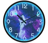 Peystean Reloj de pared redondo con luz nocturna LED de 12 pulgadas, lobo mágico aullando luna morada, control de sonido, funciona con pilas, reloj grande que brilla en la oscuridad para el hogar