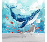 Pez ballena azul Murales de Pared, Animales en acuarela Papel Pintado Azul de Tela, Gran Mural Fotográfico para guarderías, escuelas, escuela, estilo