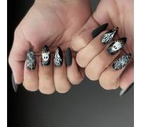 Pezones de Halloween con nueces persistentes, 24 unidades, color negro opaco, manifestación, esqueleto, flores, arte ABS, pezuñas artificiales para complementos, fácil de aplicar, uñas mate de