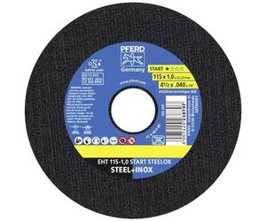 PFERD Caja de discos de corte de 1,0 mm - 10 discos de corte 115 x 1,0 x 22,23 mm en práctica lata, 69121067 - para un alto rendimiento de separación y una sólida vida útil en acero y acero inoxidable