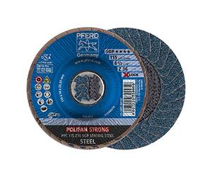PFERD POLIFAN Disco de abanico 115 mm corindón de circonio, tamaño de grano 36, SGP STRONG STEEL, grabación X-LOCK (22,23 mm), 10 unidades - para el mayor desgaste y menor consumo de disco