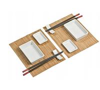 PFG Juego de 10 piezas de sushi - 2 platos de sushi, 2 cuencos de salsa, 2 manteles individuales de bambú, 2 palillos de bambú, 2 pares de palillos - bellamente presentado en caja de regalo